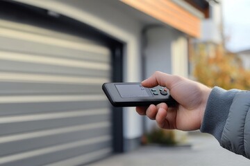 Automatic Wireless Home Garage Door. Hand Using Controller, Generative AI
