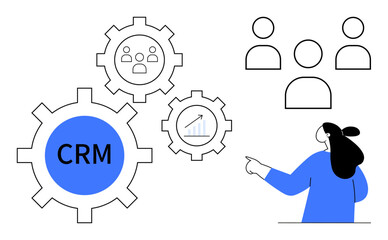 A person pointing at interconnected gears with CRM text a graph icon and people icons, Ideal for business management customer relationship management team collaboration process automation and data
