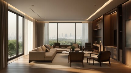 A clean, modern living room with neutral tones and minimal decor