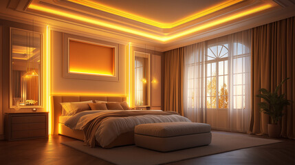 Fototapeta premium Modern Guest Bedroom with Grey and Orange Accents