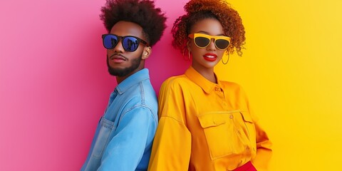 Obraz premium A man and a woman are standing next to each other, both wearing sunglasses. The woman is wearing a yellow shirt and the man is wearing a blue shirt. The scene is set against a pink background