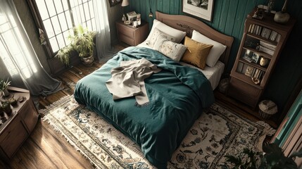 Fototapeta premium A cozy bedroom with a teal green duvet, warm throw blanket and a. vintage rug.