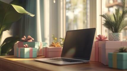 Fototapeta premium A cozy workspace featuring gift boxes and a laptop, symbolizing online shopping and thoughtful gifting.