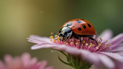 A close-up of a ladybug perched on a pink flower with a blurry background.