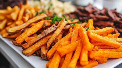 French fries medley of sweet potato, truffle, and classic fries, beautifully arranged in sections on a serving plate.