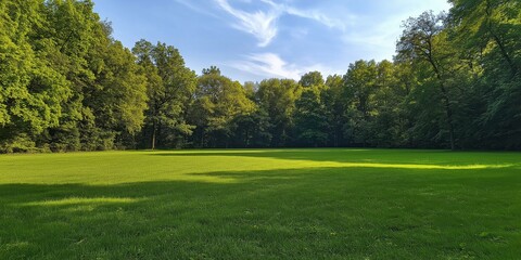 Fototapeta premium A large, open field with trees in the background. The sky is blue and the sun is shining brightly