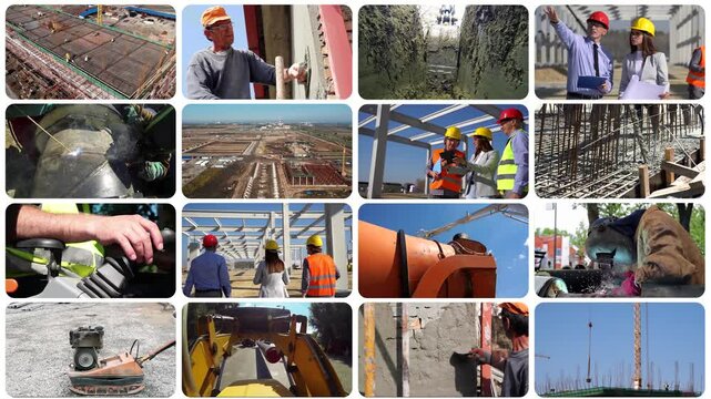 Construction Industry - Multiscreen Video Montage. Construction Industry Employment.  Large Construction Site with Tower Cranes, Machinery and Builders at Work.  Construction Project Management.