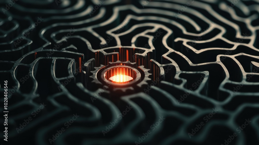 Poster a maze of interconnected gears with one central gear glowing brighter, representing the concept of b