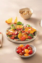 Vegan salad with citrus fruits, lettuce leaves and pomegranate. Christmas salad. 