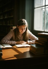 Young woman reading in sunlit library surrounded by books