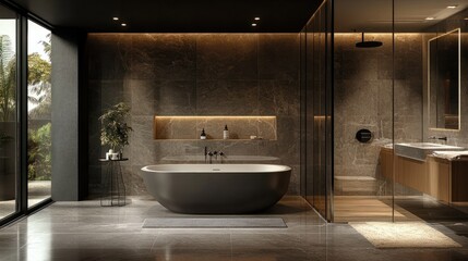 A modern bathroom featuring a sleek bathtub and spacious shower, ideal for relaxation and luxury home design