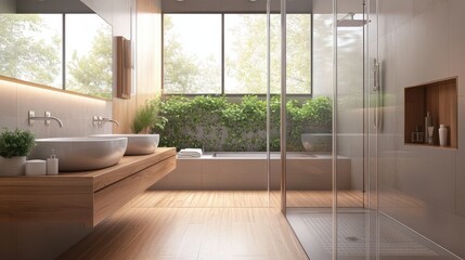 Fototapeta premium A modern bathroom featuring wooden vanity, double sinks, and a glass enclosed shower. Ideal for interior decor inspiration, real estate, and home improvement concepts