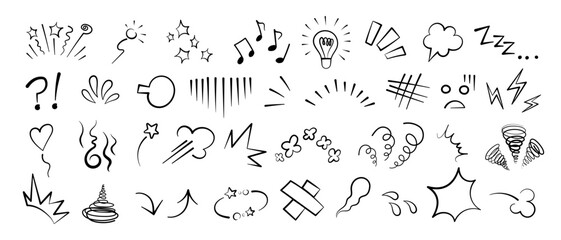 Manga or anime comic emoticon element graphic effects hand drawn doodle vector illustration set isolated on white background. Curvy style manga doodle line expression scribble anime mark collection.