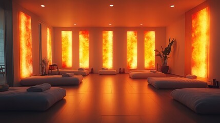 Tranquil Korean jjimjilbang spa featuring warm golden lighting and serene heated rooms with soft cushions and salt block walls