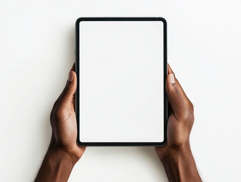 Hands holding ipad pro against white background