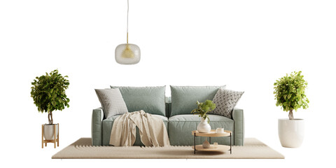 Green sofa and decor in living room on transparent background- 3D rendering