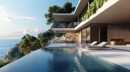 Fototapeta premium A modern villa with an infinity pool and sunken swimming area, overlooking the sea. Generative AI.
