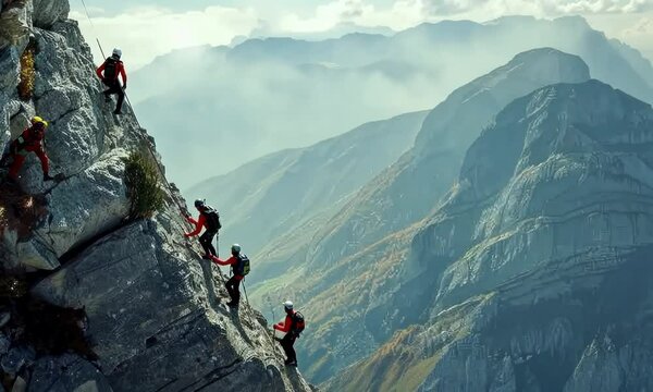A group of people are climbing a mountain Video
