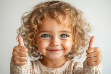 Cute Little Girl with Curly Hair Giving Thumbs Up