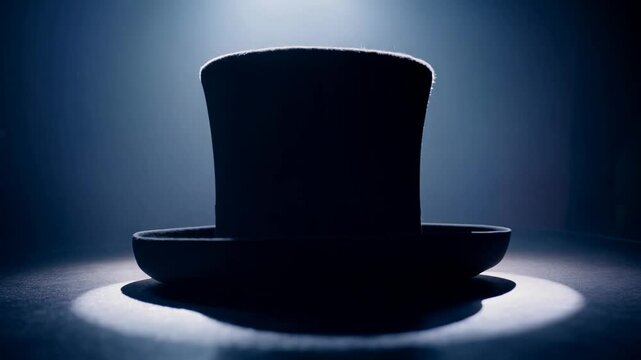 Camera films rotation of a black top hat on a stage with spotlight, velvet texture, rim light, 360 degree video