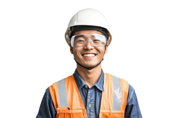 Asian male manufacturing worker wearing a safety helmet and goggles on a transparent background