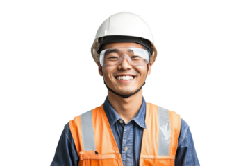 Asian male manufacturing worker wearing a safety helmet and goggles on a transparent background