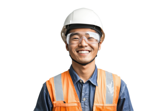 Asian male manufacturing worker wearing a safety helmet and goggles on a transparent background