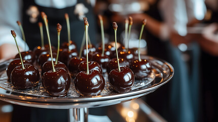 Luxury silver tray with chocolate covered cherries at an upscale event showcasing gourmet dessert presentation for special occasions and celebrations.
