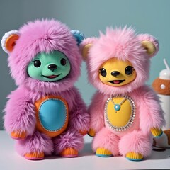 Fototapeta premium Fluffy monsters. Two colorful plush toys each wearing unique outfits and jewelry, radiating joy and creativity. R'n'B.