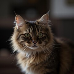 Obraz premium Grey fluffy cat. A grey, fluffy cat looking at the camera with an attentive and curious gaze. Pets. Animals.