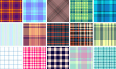 A vibrant plaid collection with gingham-inspired checks and celtic motifs, great for fabric and textile prints in fashionable colors.