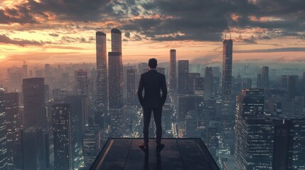 Fototapeta na wymiar An international business executive standing on a rooftop overlooking a global skyline