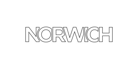 Norwich city in the United Kingdom design features a geometric style illustration with bold typography in a modern font on white background.