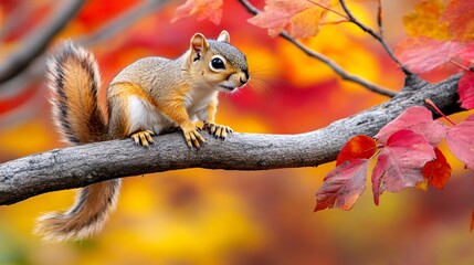 Obraz premium A cute squirrel perched on a branch, surrounded by vibrant autumn leaves in shades of red, orange, and yellow.
