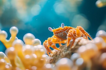 Close-up of a vibrant orange crab with white spots, perched on a rock in a coral reef.