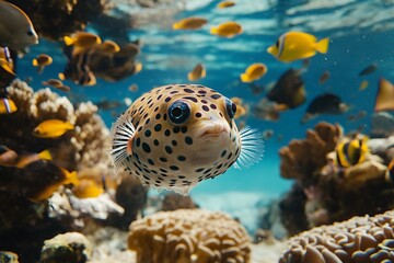 Obraz premium Close-up of a Spotted Pufferfish Swimming Through a Coral Reef.