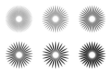 Sunburst icon set, Sunburst vector, symbol, element.  Retro sunburst design, sunbeam, sunrise icon. Sunburst icon collection vector set. Radial sunburst vector. Vector illustration.