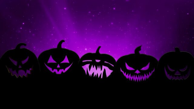 Howling Jack O Lanterns Purple Night 8K Loop features five silhouetted Jack O Lanterns with changing features and blinking eyes with purple particles flowing up from behind in a loop.