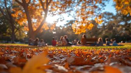 A family enjoying a casual outdoor picnic in a park, with children playing in the background and vibrant autumn leaves scattered around 