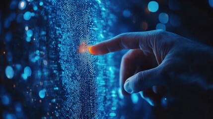 Businessman using fingerprint scanning to unlock and access business information network Biometric identity and cyber security concept protecting business transactions from online digi : Generative A
