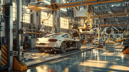Silver Sports Car on Automated Conveyor Belt in a Modern Factory