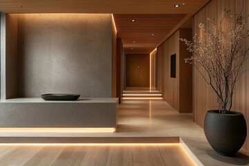 Luxurious interior of a spa salon in a minimalist natural style. Generated by artificial intelligence