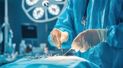 Orthopedic surgeon performing a knee surgery with precision tools in a well-lit operating room