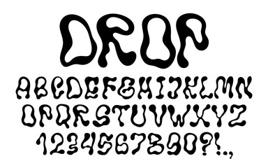 Wavy groovy letters and numbers. Trembling font. Typescript with fluid liquid shapes. Y2K alphabet. Black and white hand drawn typeface. Melted letters