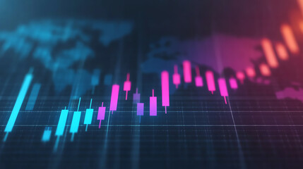 Colorful financial chart analysis with rising and falling bars on dark background, representing stock market trends and economic growth.