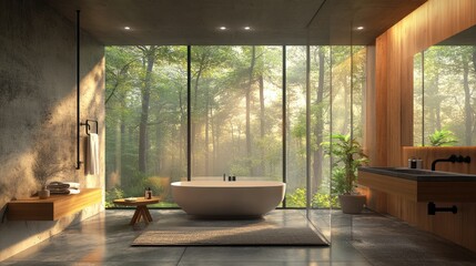 Contemporary bathroom with shower, tub, and large windows.
