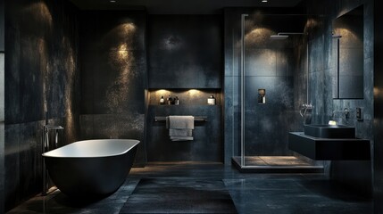 Contemporary modern bathroom interior in dark black colors and concrete elements.