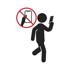 Isolated pictogram sign of do no use mobile phone while walking, for fall tripper risk safety label