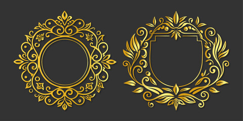 vector set of Ornamental golden decorative floral frames on black background.