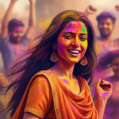 Obraz premium Woman joyfully celebrating Holi with vibrant color powder on her face, representing the festive spirit and joy of the Indian festival of colors